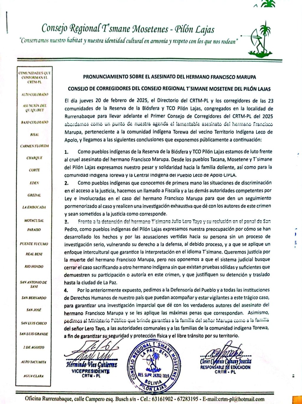 CRTM-PL exige investigación exhaustiva por el asesinato de Francisco&nbsp;Marupa